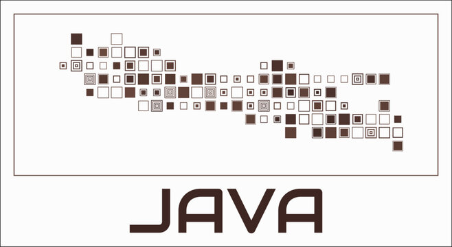 Java digital style map. Large square dots on white background. Dotted shape of the island. Java map and title. Modern vector illustration.