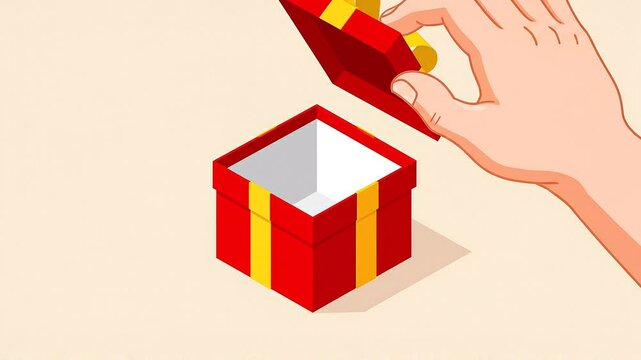 Hand reaching for red gift box with yellow ribbon illustration