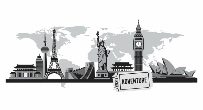 Black And White Travel Landmarks Collage.