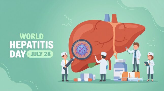 World Hepatitis Day July 28th with medical team examining liver for disease prevention.