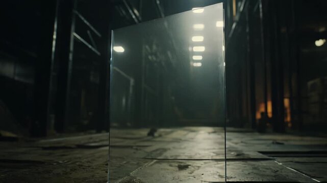 Glass pane standing vertically on a dusty floor, reflecting the dark, abandoned interior of an industrial warehouse with dim lighting creating an atmospheric and mysterious scene