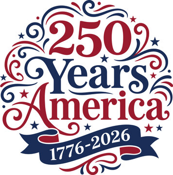 Celebrate 250 years of america with patriotic typography and swirling red white and blue designs