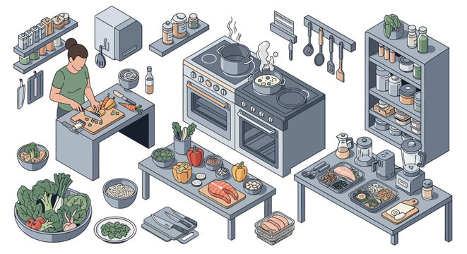 Woman preparing healthy meal in modern isometric kitchen interior