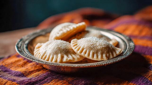 Traditional Bangladeshi sweets pitha on metal plate, homemade Bengali rice cakes with sugar on colorful fabric
