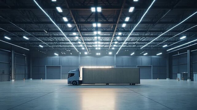 Semi truck with a cargo container standing in a vast. Empty industrial distribution warehouse. Ready for loading or unloading goods. Symbolizing efficient logistics and global supply chain operations