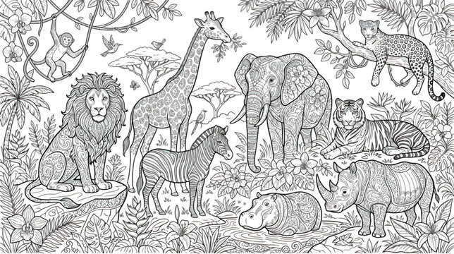 Intricate African safari animals coloring page, detailed jungle wildlife line art vector, exotic zoo animals in tropical nature landscape