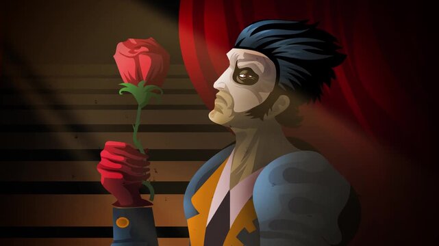 masked man smelling a rose at the opera theater