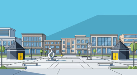 Modern City Square with Buildings, Sculpture, and Clock Tower © Rizal