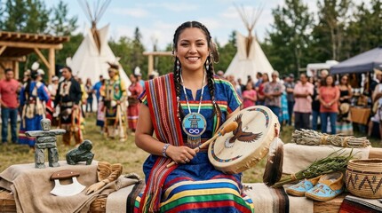Obraz premium Woman wearing traditional indigenous attire, celebrating national indigenous peoples day, canada, presenting a ceremonial drum, smiling during an outdoor cultural gathering, june 21.