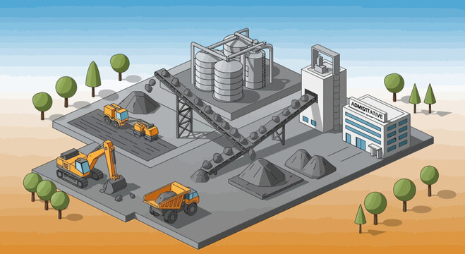 Isometric Industrial Construction Site with Cement Plant, Trucks, and Excavator