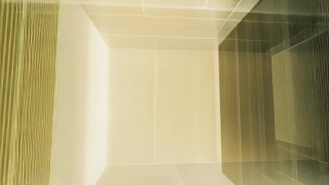 Abstract digital rendering creating an architectural perspective of a futuristic corridor with glowing lines, geometric shapes, and a subtle floating wireframe cube central to the conceptual space