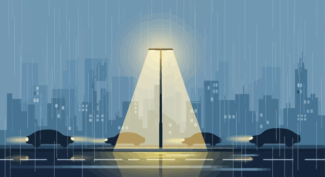 City streetlights illuminate rainy night commute with cars on wet road and abstract cityscape