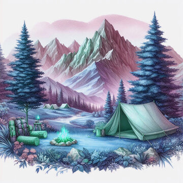 Camping image. A festive Christmas fir tree stands in a snowy winter forest landscape with delicate snowflake decorations for a holiday celebration card design illustration