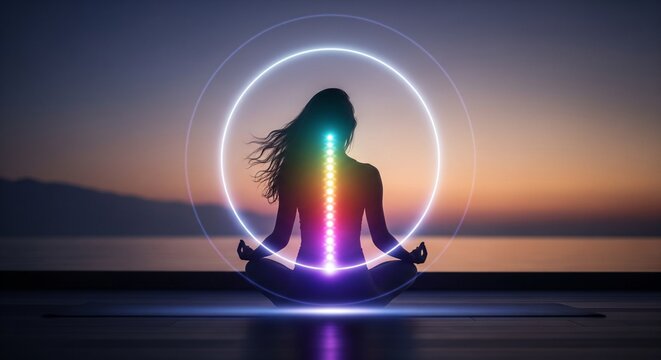 Woman meditating with glowing chakra energy points along spine at sunset