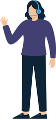 Fototapeta premium Customer service representative wearing blue headset waving hand. Flat design business communication support agent. Online help desk worker standing.
