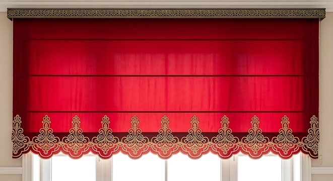 Elegant red roman shade window treatment with decorative gold trim