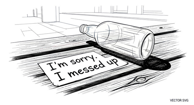 Empty bottle and apology note on wooden table, regret, mistake, vector illustration