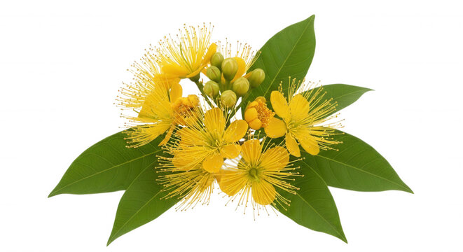 Bright yellow flowers of a xanthostemon chrysanthus plant with green leaves and small round buds isolated on a black background