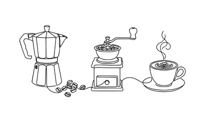 Obraz premium Minimal Continuous Line Art Italian Coffee Set with Moka Pot Grinder and Latte Cup Vector Design