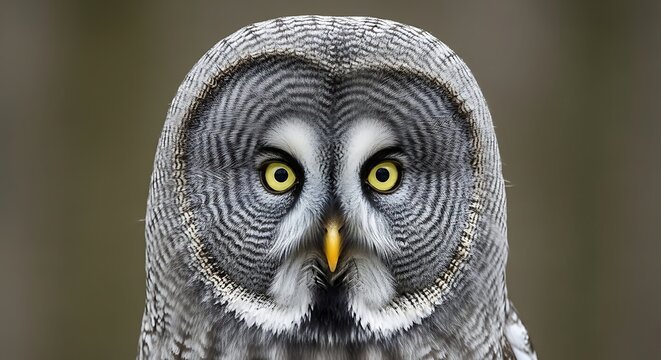 Close-up of owls face looking forward.