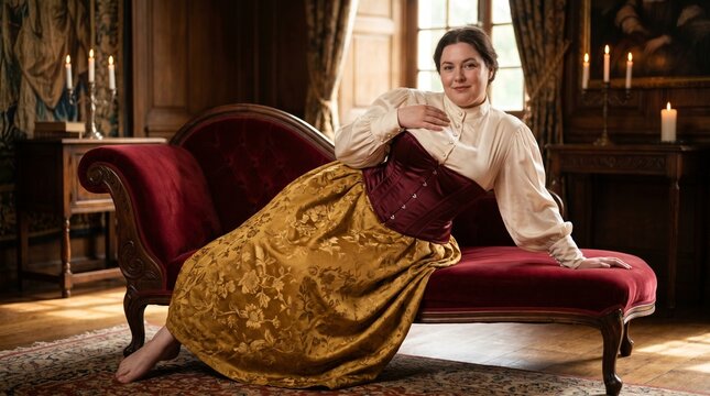 A plus-size woman with roll curves wearing a corset over a silk blouse, posed like a baroque masterpiece
