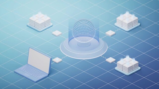 Isometric view of a server room with a laptop and multiple server racks connected by a network of data flowing towards a central sphere representing global data exchange and computation.