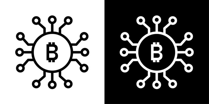 AI crypto icon in outline style featuring digital bitcoin and network connections representing blockchain technology, cryptocurrency, fintech, and smart finance systems.