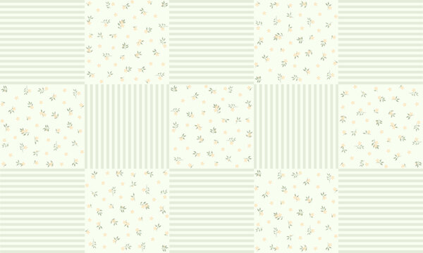 Seamless patchwork geometric background with tiny ditsy floral patterns and pastel green stripes, panoramic design vector illustration.