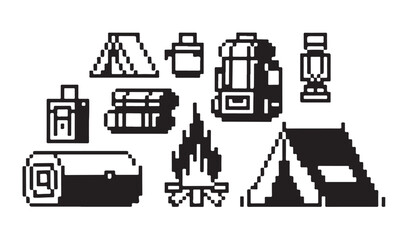Black pixelated camping icons featuring tent campfire backpack and survival gear graphics. © Tamanna