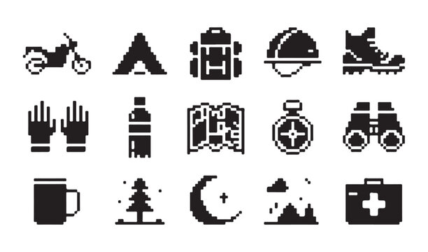 Pixel camping and outdoor icons retro game style graphics.
