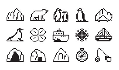Arctic and winter themed pixel art icons featuring wildlife animals and polar landscapes. © Tamanna