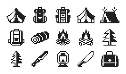 Pixel art camping equipment set with tent backpack bonfire tree and survival tool designs. © Tamanna
