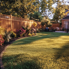 Obraz premium Perfectly manicured green lawn and colorful garden with new wooden fence at golden hour, backyard