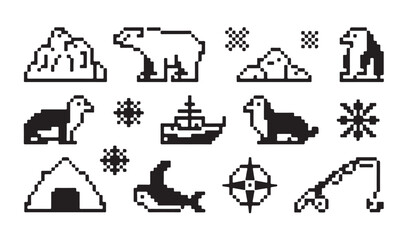 Arctic polar pixel icons collection with polar bear penguin seal ship and igloo elements. © Tamanna