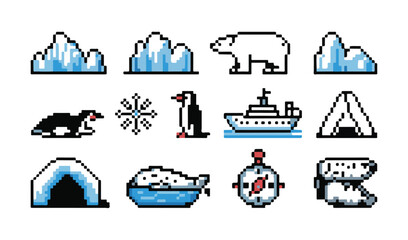 Arctic region pixel art collection with icebergs polar bear penguin and navigation tools. © Tamanna