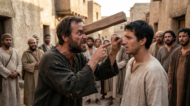 A man with a huge wooden beam in his own eye is angrily pointing at another man, trying to remove a tiny splinter. Bible story.	