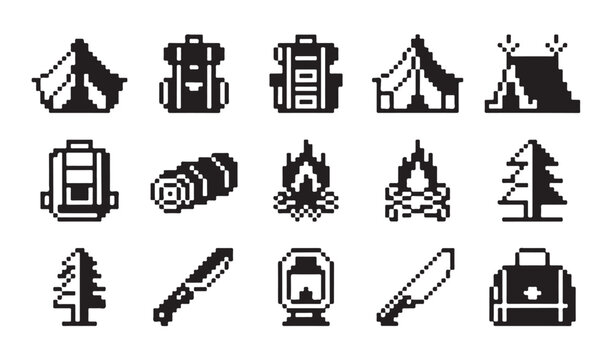Pixel art camping equipment set with tent backpack bonfire tree and survival tool designs.
