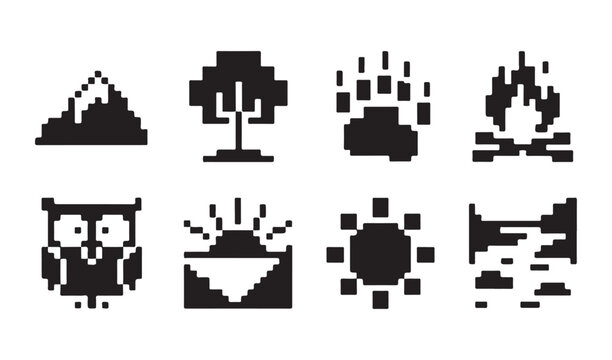 Nature wilderness pixel art set with mountains trees sun owl paw print and river symbols.