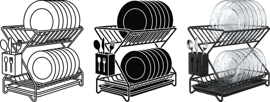 Collection of two-tier dish drying racks with plates and cutlery a versatile vector illustration for kitchen organization and household conc