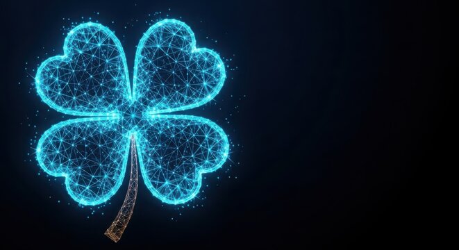 Glowing blue digital four leaf clover wireframe icon illustration