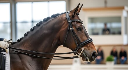 Obraz premium Elegant horse in equestrian bridle focused portrait with braided mane