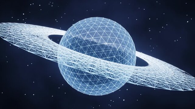 Abstract digital wireframe planet with glowing ring system rotating in deep space background for futuristic technology concepts.