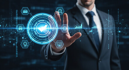 Fototapeta premium Businessman activates futuristic digital interface with a checkmark, symbolizing data security