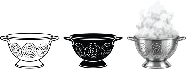 Ancient Greek bowls with spiral patterns depicted in outline solid black and metallic versions filled with a fluffy white substance isolated © Ahmad