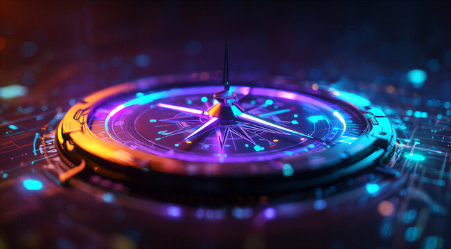 Futuristic glowing compass with digital neon lights and tech circuit background for innovation and navigation concepts