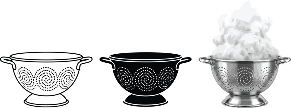 Ancient Greek bowls with spiral patterns depicted in outline solid black and metallic versions filled with a fluffy white substance isolated