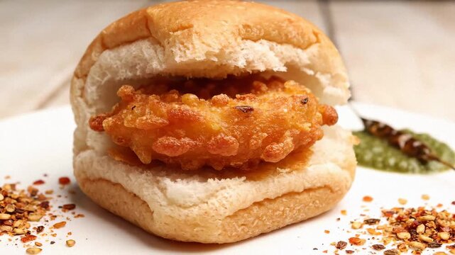 Appetizing vada pav indian burger served with spicy chutney on a white plate in a bright close-up.