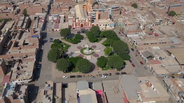 Cinematic Drone View of Monsef&uacute; Main Square and Historic Downtown in Lambayeque, Peru