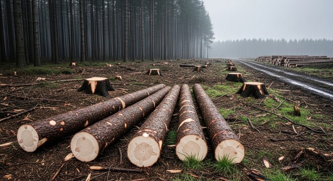 Rows of freshly cut timber logs stacked in parallel at a misty logging yard with rural industrial fences and forest background