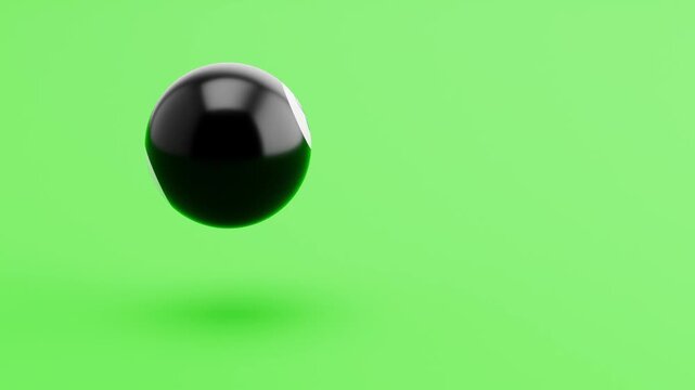 Pool 8 Black Ball Spinning and Floating on Green Background with Copy Space, Seamless Loop 3D Animation